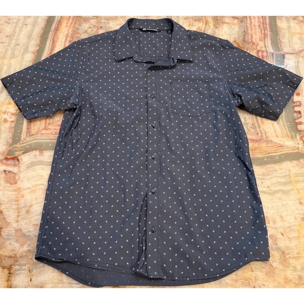 Travis Mathew Men Button Up Shirt Navy Blue Not Your Best Short Sleeve Stretch L